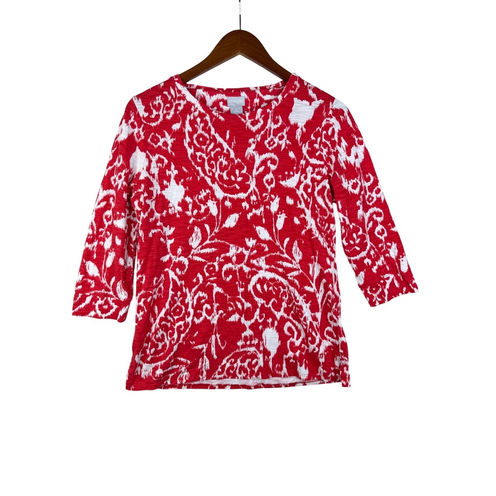 Chico's Women's Button‎ Back Paisley Slub Tee Size 0 (US Size Small) Red